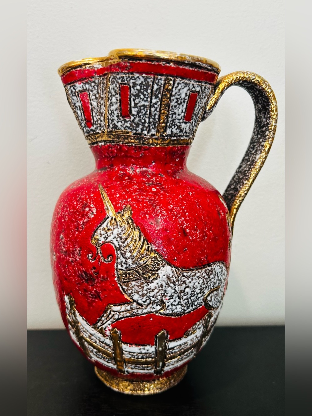 1950’s-60’s Italian Unicorn 8” Sgraffito Pitcher Red Gold Fratelli Fanciulla
